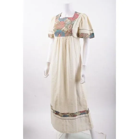 Vintage Womens Prairie Peasant Maxi Dress Sz XS S Paisley Ecru Ivory  Multi-Color Maxi